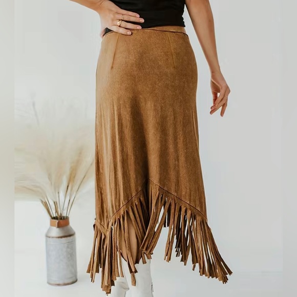 Brown Tassel Hem Midi Skirt - Picture 3 of 5